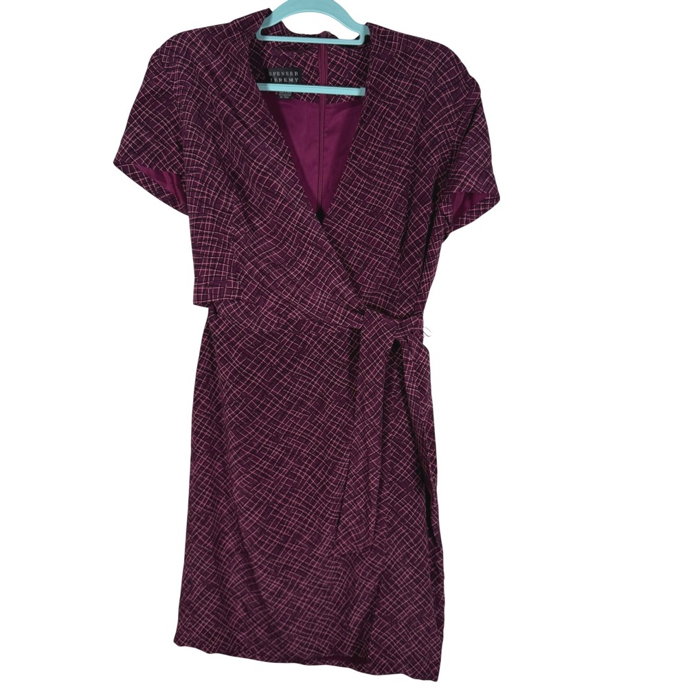 Spenser Jeremy Faux Wrap Silk Dress 10 Purple Grid Print Career Office Chic